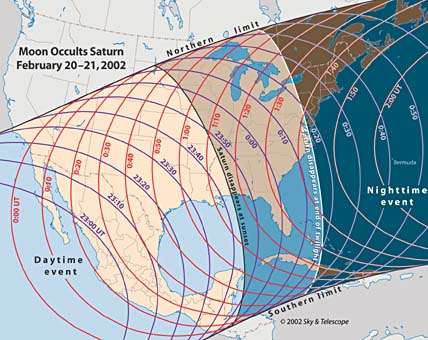 Map of North America showing Saturn occultation timings