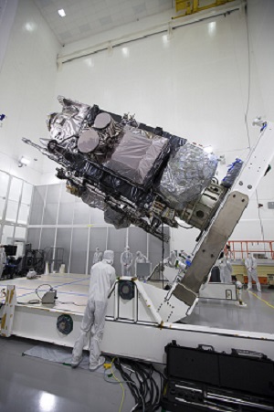 GOES-R is raised and prepared for lifting at the Astrotech facility in Titusville, Florida. NASA/Charles Babir. 