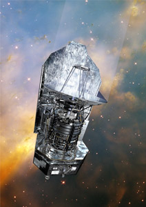 An image showing the Herschel Space Observatory set in front of a picture taken by the Hubble Space Telescope