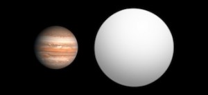 A size comparison of Jupiter and TrES-4 b, an exoplanet with an inflated radius 1.8 times that of Jupiter.
