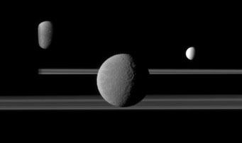 Saturn's rings and three moons