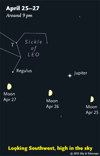 As the Moon waxes past first quarter, it glides under Jupiter and the Sickle of Leo.