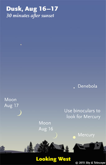 Moon and Mercury at dusk, Aug. 16-17, 2015
