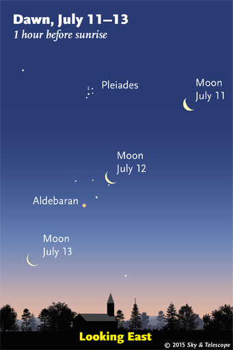 The waning crescent Moon passes the 'fall and winter' stars of Taurus in the dawns of July. Look early!
