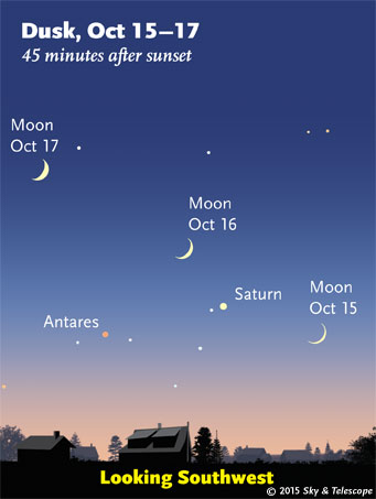 Moon, Saturn, Antares at dusk, Oct. 15-17, 2015