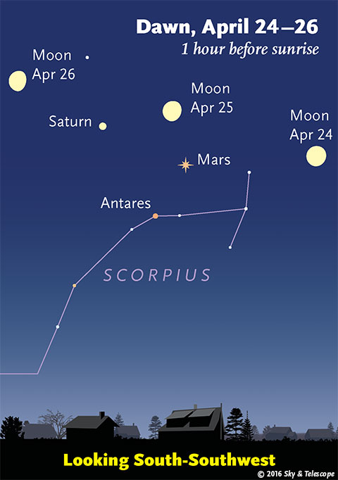 The Moon, Mars, Saturn, and Antares on the mornings of April 24-26, 2016