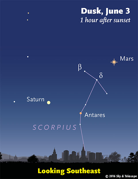 Mars, Saturn, Antares at dusk, late May - early June 2016