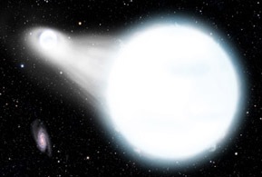 An artist's conception of two white dwarfs exchanging stellar matter in a binary system. When astronomers study the orbits of two such stars, they can test the predictions of Einstein's general theory of relativity.