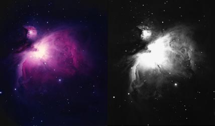 Left: We're accustomed to beautiful color images of the Orion Nebula (M42). But most deep-sky objects manifest themselves in shades of gray at the eyepiece (right).