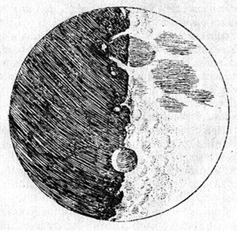 Galileo Galilei published his first telescope observations in The Sidereal (Starry) Messenger in 1610. This is his sketch of a first-quarter moon.