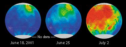 Series of images showing the spread of a global  dust storm