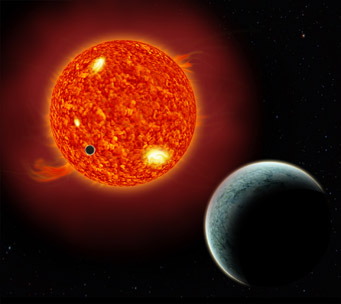 An artist's rendition of a planet transiting in front of a star. The more distant planet has not yet been detected, but most stars with low-mass planets have additional planets.