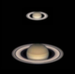 Here's how the ringed planet Saturn might look when seen through a telescope with an aperture 4 inches (100 mm) in diameter (top) and through a larger instrument with an 8-inch aperture (bottom).