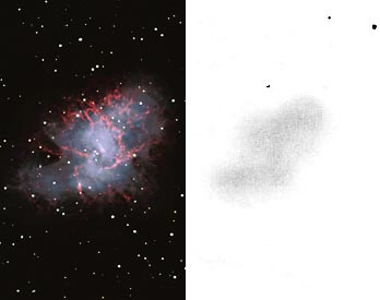 The Crab Nebula (M1) in Taurus, as photographed by the Kitt Peak 4-meter reflector (left) and sketched as seen through an 8-inch Cassegrain telescope under a superb dark sky (right).