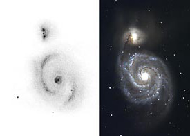 The Whirlpool Galaxy (M51) in Canes Venatici, as sketched by skilled observer Roger N. Clark using an 8-inch Cassegrain telescope under a perfect, pitch-black sky, and as imaged by a CCD-equipped 0.9-meter (36-inch) telescope on Arizona's Kitt Peak. 