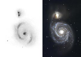 The Whirlpool Galaxy (M51) in Canes Venatici, as sketched by skilled observer Roger N. Clark using an 8-inch Cassegrain telescope under a perfect, pitch-black sky, and as imaged by a CCD-equipped 0.9-meter (36-inch) telescope on Arizona's Kitt Peak.